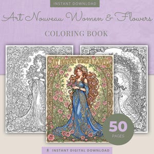 May include: A colouring book titled "Art Nouveau Women & Flowers" with a central image of a woman in a blue dress surrounded by roses. The cover art is in colour, while the other two books are in black and white. The book has 50 pages.