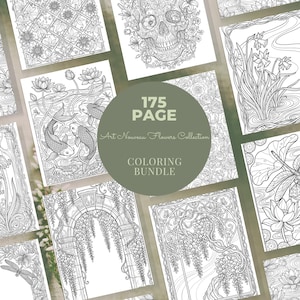 May include: A collection of 175-page coloring books featuring intricate Art Nouveau floral designs. The pages showcase detailed illustrations of flowers, koi fish, and decorative patterns, perfect for creative coloring projects. The bundle is labeled "Art Nouveau Flowers Collection Coloring Bundle."