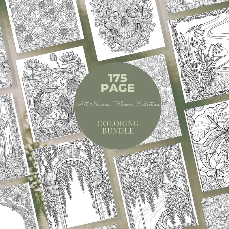May include: A collection of 175-page coloring books featuring intricate Art Nouveau floral designs. The pages showcase detailed illustrations of flowers, koi fish, and decorative patterns, perfect for creative coloring projects. The bundle is labeled "Art Nouveau Flowers Collection Coloring Bundle."