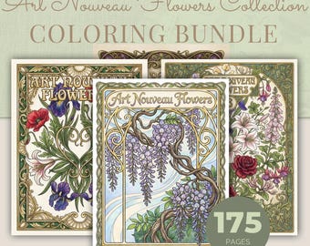 Floral Coloring Book Bundle, 4 Art Nouveau Books 175 Printable Adult Coloring Pages PDF