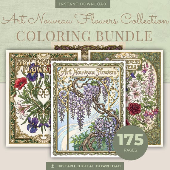Floral Coloring Book Bundle, 4 Art Nouveau Books 175 Printable Adult Coloring Pages PDF