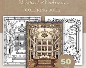 Libro para colorear de estilo Dark Academia, 50 páginas para colorear imprimibles de misterio gótico para adultos en formato PDF.
