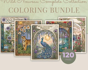 Wild Animal Coloring Bundle, 10 Books, 120 Exotic Art Nouveau Printable Adult Coloring Pages PDF