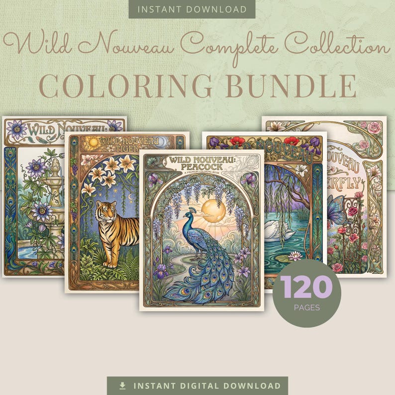 Peut inclure: Un ensemble de cinq livres de coloriage avec des illustrations de style Art Nouveau. Les couvertures pr&eacute;sentent des images d'un paon, d'un tigre et d'autres sc&egrave;nes de la nature. Le texte sur la couverture indique "Wild Nouveau Complete Collection Coloring Bundle" et "120 pages."