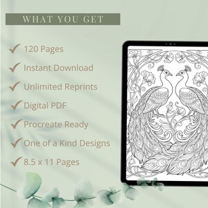 Peut inclure: Une tablette affiche un livre de coloriage num&eacute;rique avec une illustration d&eacute;taill&eacute;e en noir et blanc de deux paons. Le texte comprend : "WHAT YOU GET", "120 Pages", "Instant Download", "Unlimited Reprints", "Digital PDF", "Procreate Ready", "One of a Kind Designs", et "8.5 x 11 Pages".