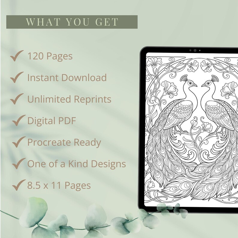 Peut inclure: Une tablette affiche un livre de coloriage num&eacute;rique avec une illustration d&eacute;taill&eacute;e en noir et blanc de deux paons. Le texte comprend : "WHAT YOU GET", "120 Pages", "Instant Download", "Unlimited Reprints", "Digital PDF", "Procreate Ready", "One of a Kind Designs", et "8.5 x 11 Pages".