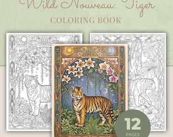 Tiger Coloring Book, 12 Art Nouveau Exotic Printable Adult Coloring Pages PDF