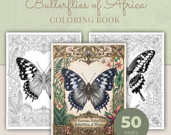 Butterfly Coloring Book, 50 Art Nouveau African Printable Adult Coloring Pages PDF