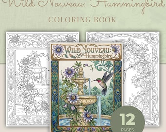 Kleurboek kolibrie, 12 art nouveau-afdrukbare pdf-kleurplaten voor volwassenen