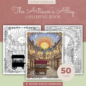 May include: The Artisan's Alley coloring book with a detailed street scene illustration. The cover features a vibrant, colored image of a sunny alleyway with a flower cart. Two additional black and white line art illustrations are also visible.