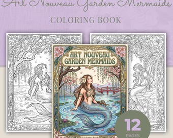 Floral Mermaid Coloring Book, 12 Art Nouveau Garden Printable Adult Coloring Pages PDF
