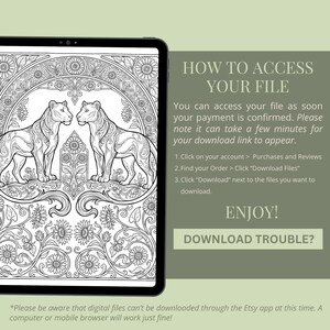 Peut inclure: Une page de coloriage num&eacute;rique sur une tablette, repr&eacute;sentant deux lions stylis&eacute;s face &agrave; face, entour&eacute;s de motifs floraux et ornementaux. Le texte indique les instructions pour acc&eacute;der au fichier apr&egrave;s l'achat.