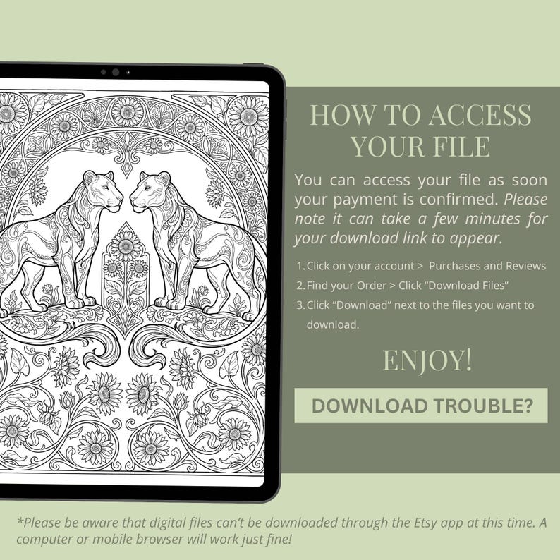Peut inclure: Une page de coloriage num&eacute;rique sur une tablette, repr&eacute;sentant deux lions stylis&eacute;s face &agrave; face, entour&eacute;s de motifs floraux et ornementaux. Le texte indique les instructions pour acc&eacute;der au fichier apr&egrave;s l'achat.