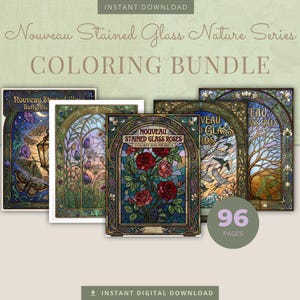 Peut inclure: Un ensemble de coloriage avec cinq livres aux motifs de vitraux. Les couvertures présentent des scènes florales, de papillons et de nature. Le texte comprend "Nouveau Stained Glass Nature Series" et "Coloring Bundle". Le lot contient 96 pages.