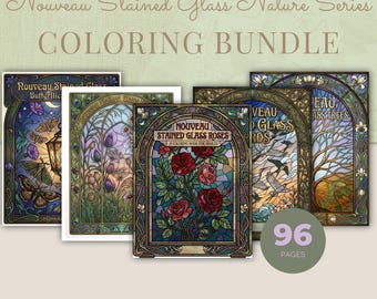Stained Glass Coloring Book Bundle, 8 Books 96 Art Nouveau Printable Adult Coloring Pages PDF