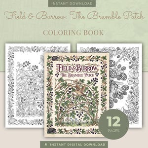 Bramble Patch Coloring Book, 12 Cottagecore Nature Wildlife Printable Adult Coloring Pages PDF