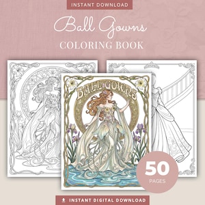 Robe de bal, livre de coloriage, 50 pages à colorier pour adultes Fantasy Regency victorienne, PDF imprimables