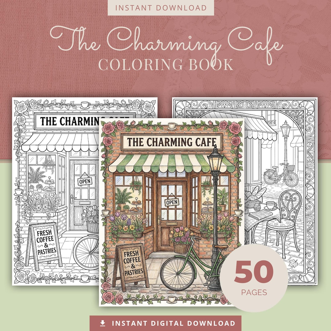 Hygge Cafe Coloring Book, 50 Relaxing Coffee Shop Printable Adult ...