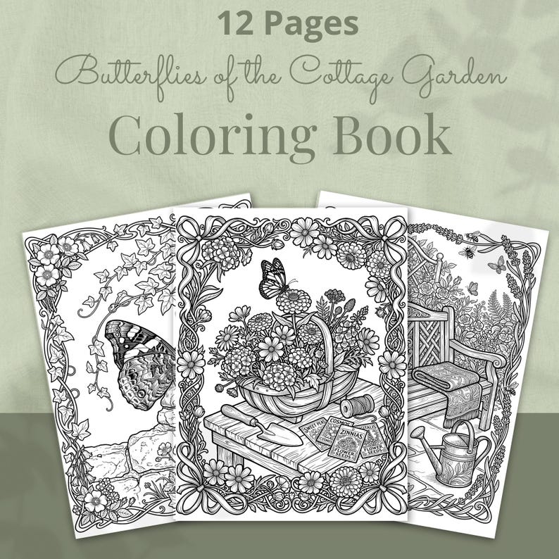 Op de afbeelding: Een kleurboek getiteld "Butterflies of the Cottage Garden" met 12 pagina's. De omslag toont gedetailleerde zwart-wit illustraties van vlinders, bloemen en tuinsc&egrave;nes. De pagina's zijn omlijst met bloemenranden.