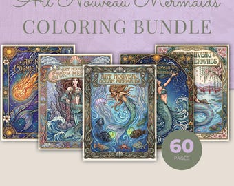 Mermaid Coloring Book Bundle, 5 Books, 60 Art Nouveau Printable Adult Coloring Pages PDF