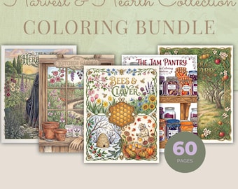 Cottagecore Coloring Book Bundle, 5 Books, 60 Harvest & Hearth Printable Adult Coloring Pages PDF
