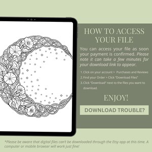May include: A digital download displayed on a tablet. The image on the tablet is a black and white floral design with a circular shape. Text on the right side provides instructions on how to access the file after purchase. The text also includes a note about downloading.
