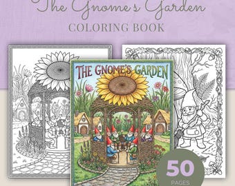 Libro para colorear Jardín de Gnomos, 50 páginas para colorear imprimibles para adultos con temática botánica de Gnomecore en formato PDF.