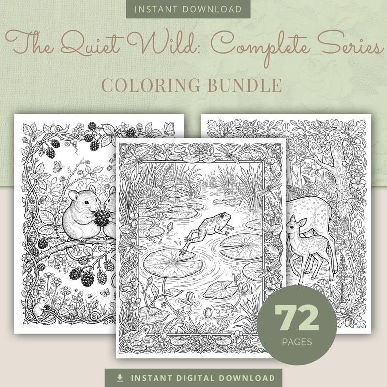 Wildlife Coloring Book Bundle, 6 Books, 72 Cottagecore Nature Habitat Printable Adult Coloring Pages PDF image 2