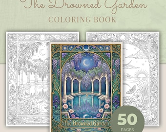 Water Garden Coloring Book, 50 Art Nouveau Botanical Printable Adult Coloring Pages PDF
