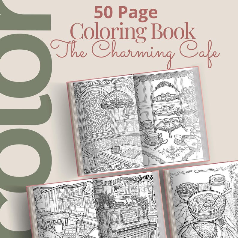 Hygge Cafe Coloring Book, 50 Relaxing Coffee Shop Printable Adult ...
