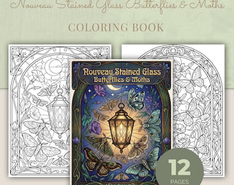 Kleurboek vlinder met gebrandschilderd glas, 12 art nouveau afdrukbare kleurplaten pdf voor volwassenen