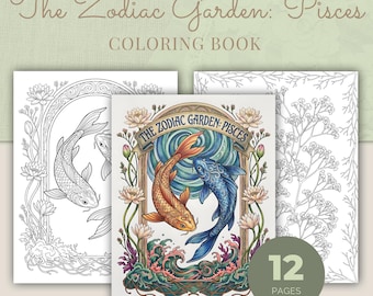 Pisces Coloring Book, 12 Art Nouveau Zodiac Botanical Printable Adult Coloring Pages PDF