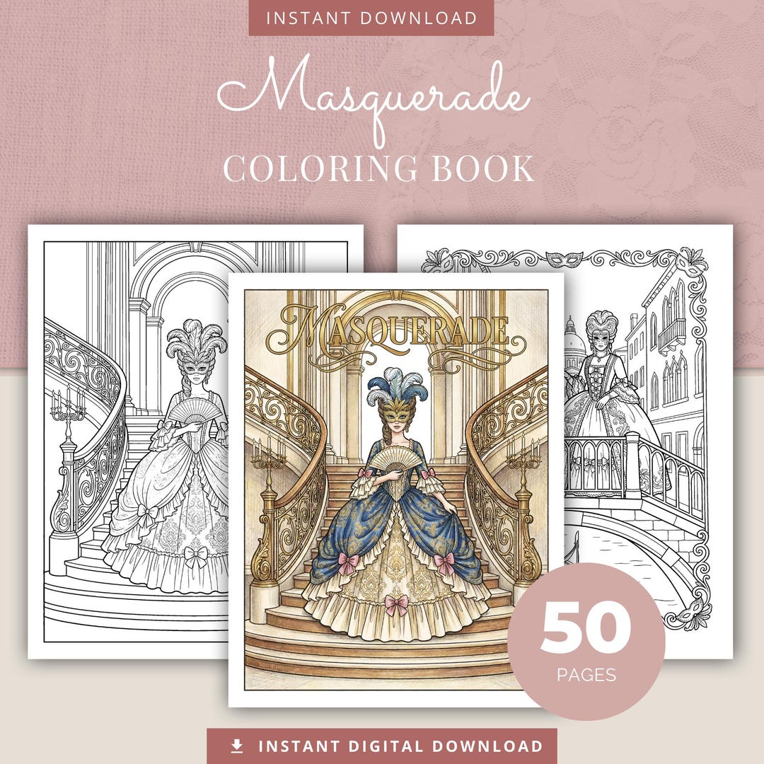 Masquerade Coloring Book, 50 Fashion Illustration Printable Adult ...