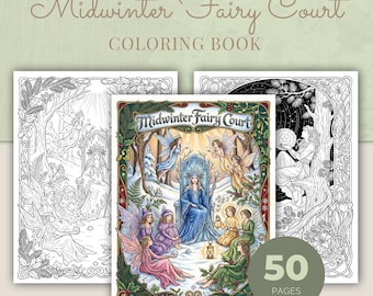 Fairy Coloring Book, Midwinter Fairy Court, 50 Art Nouveau Winter Solstice Printable Adult Coloring Pages PDF