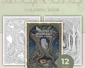 Forest at Midnight Coloring Book, 12 Art Nouveau Moth & Moonlight Printable Adult Coloring Pages PDF