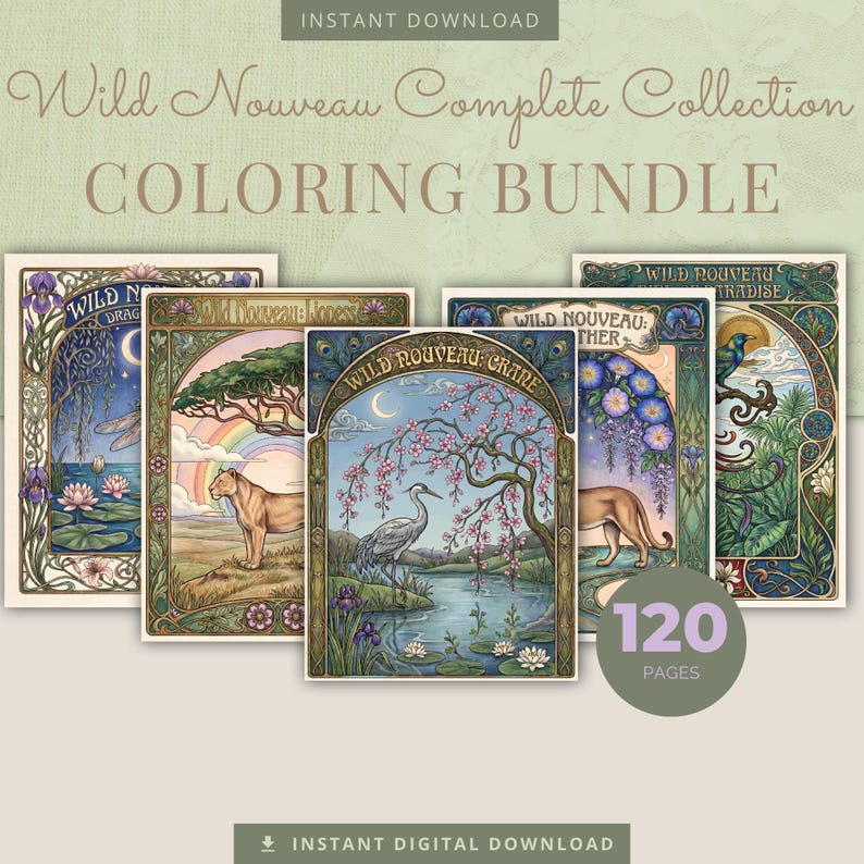 Peut inclure: Ensemble de cinq couvertures de livres de coloriage avec des illustrations de style Art Nouveau. Les couvertures pr&eacute;sentent des sc&egrave;nes de nature avec des animaux, des fleurs et un arc-en-ciel. Le texte "Wild Nouveau Complete Collection COLORING BUNDLE" est affich&eacute; en haut. Le lot comprend 120 pages.