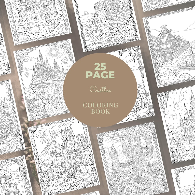 Castle Coloring Book, 25 Medieval Fortress Fantasy Palace Printable