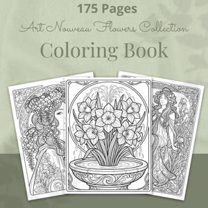 May include: Three coloring books with Art Nouveau floral designs. The cover of the middle book features a detailed illustration of daffodils in a fountain. The top of the image reads "175 Pages" and "Art Nouveau Flowers Collection Coloring Book".