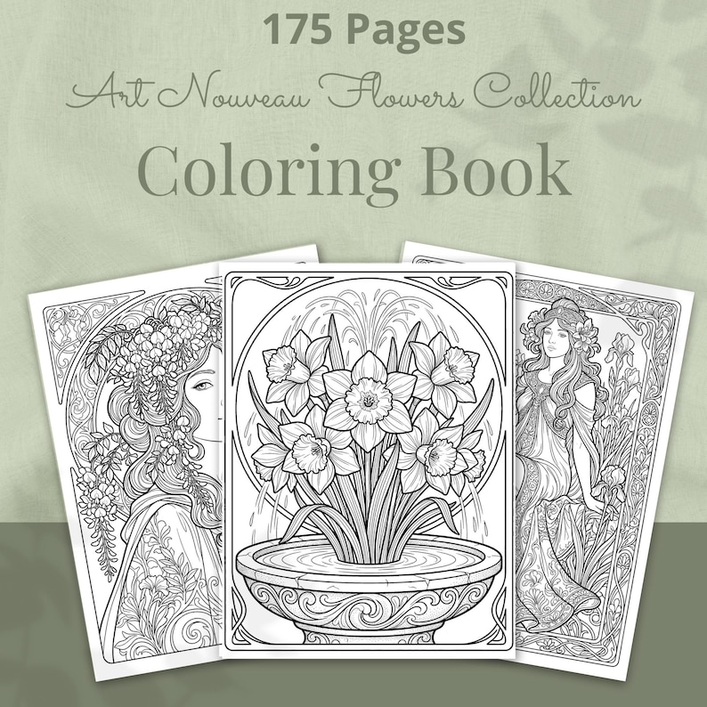 May include: Three coloring books with Art Nouveau floral designs. The cover of the middle book features a detailed illustration of daffodils in a fountain. The top of the image reads "175 Pages" and "Art Nouveau Flowers Collection Coloring Book".