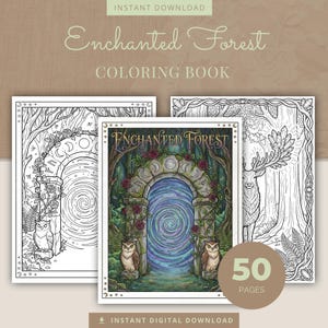 Enchanted Forest Coloring Book, 50 Woodland Fantasy Printable Adult Coloring Pages PDF