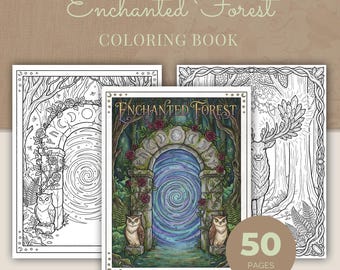 Enchanted Forest Coloring Book, 50 Woodland Fantasy Printable Adult Coloring Pages PDF