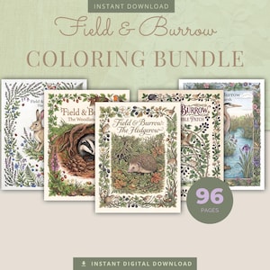 May include: A digital coloring bundle titled Field & Burrow featuring 96 pages of detailed nature illustrations. The collection includes five distinct cover designs showcasing woodland animals like a rabbit, badger, hedgehog, and heron in natural settings.