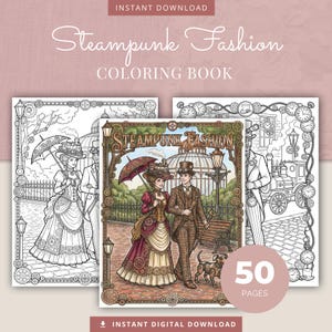 Steampunk mode kleurboek, 50 vintage outfit afdrukbare pdf-kleurplaten voor volwassenen