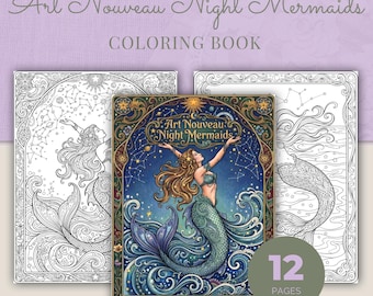 Moon Mermaid Malbuch, 12 Jugendstil Nacht Printable Erwachsene Malseiten PDF