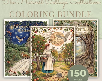 Paquete de libros para colorear estilo cottagecore, 3 libros, 150 páginas para colorear imprimibles de otoño para adultos en formato PDF.
