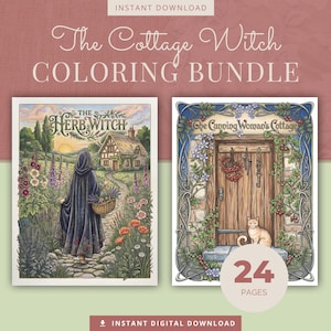 Peut inclure: Un ensemble de coloriage avec deux couvertures de livres illustrées. L'une représente une silhouette en cape sombre marchant vers un cottage. L'autre montre une porte de cottage avec un chat. Le texte indique "The Cottage Witch Coloring Bundle" et "24 pages."