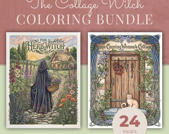 Witch Coloring Book Bundle, 2 Books, 24 Cottagecore Folk Magic Printable Adult Coloring Pages PDF