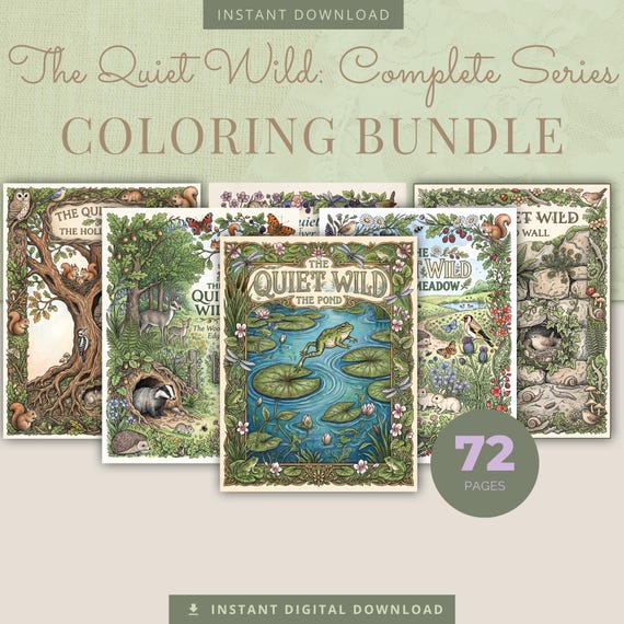 Wildlife Coloring Book Bundle, 6 Books, 72 Cottagecore Nature Habitat Printable Adult Coloring Pages PDF