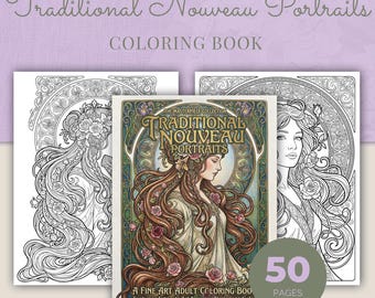 Portrait Coloring Book, 50 Art Nouveau Women Printable Adult Coloring Pages PDF