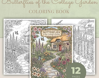 Cottagecore Schmetterlinge Malbuch, 12 Jugendstil Printable Erwachsene Ausmalseiten PDF